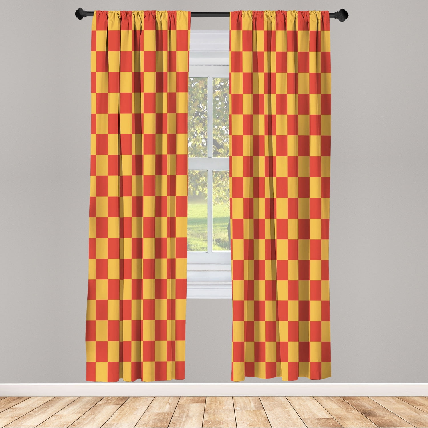 Yellow and Red Checkered Microfiber Rod Pocket Curtain Panels Set
