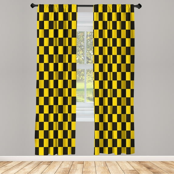 Ambesonne Checkers Game Curtains, Grid Style Monochrome, Pair of 28"x95", Yellow Black