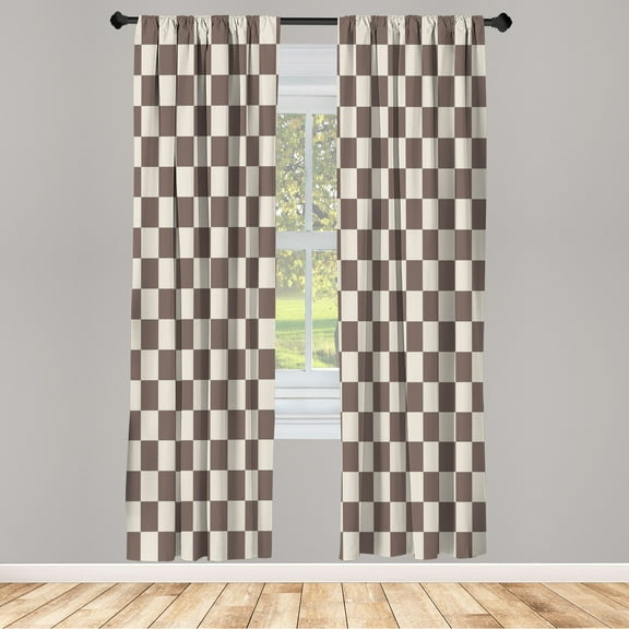 Ambesonne Checkers Game Curtains, Monochrome Grid Print, Pair of 28"x84", Dust Sepia