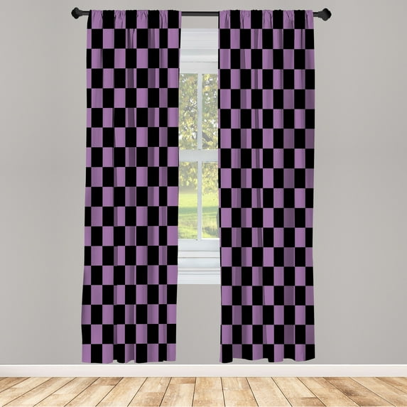 Ambesonne Checkers Game Curtains, Monochrome Grid Print, Pair of 28"x95", Black Lavender