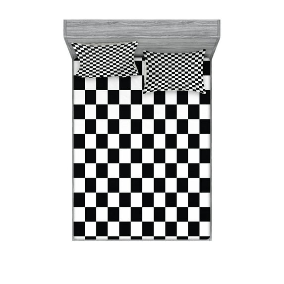 Ambesonne Checkers Game Fitted Sheet & Pillow Sham Set, Classic Game Board, Full, Black White