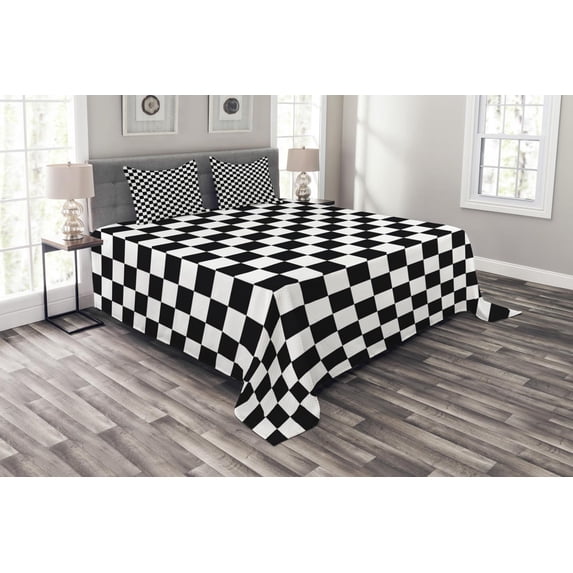 Ambesonne Checkers Game Quilted Bedspread Set 3 Pcs, Classic Game Board, Queen Size, Black White