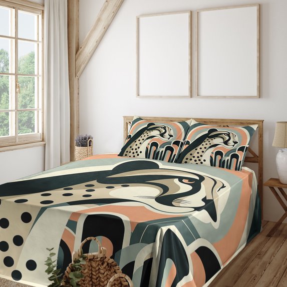 Ambesonne Cheetah Fitted & Top Sheet Set with Shams, Mid Century Modern Minimal, Peach Grey Teal and Eggshell