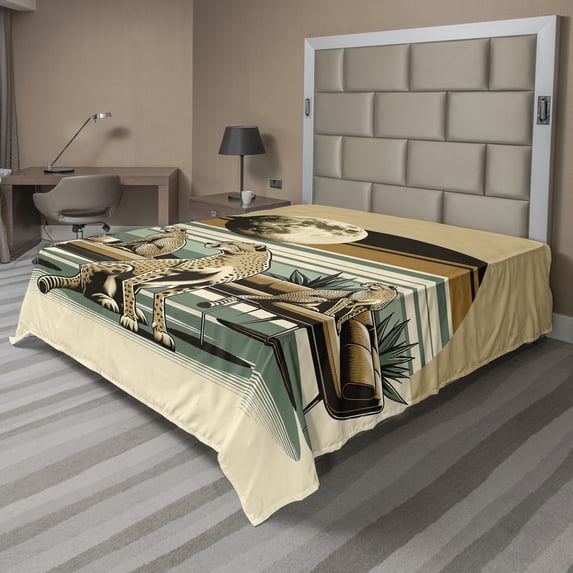 Ambesonne Cheetah Flat Sheet, Wild Cats Chilling Retro, Queen Size, Camel and Pale Teal