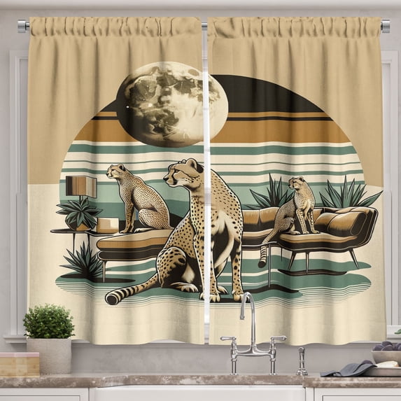 Ambesonne Cheetah Kitchen Curtains, Wild Cats Chilling Retro, 55"x39", Camel and Pale Teal