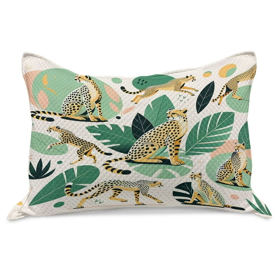 Ambesonne Cheetah Knitted Quilt Pillowcover, Modern Jungle Leaf Scene, 36"x20", Jade Green Mustard and White