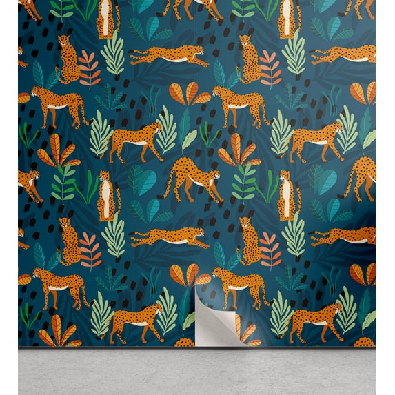 Ambesonne Cheetah Peel & Stick Wallpaper for Home, Exotic Modern Scandi Forest, 13"x100", Dark Yellow Petrol Blue
