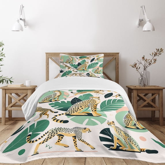 Ambesonne Cheetah Quilted Bedspread Set 2 Pcs, Modern Jungle Leaf Scene, Twin Size, Jade Green Mustard and White
