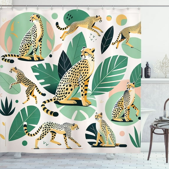 Ambesonne Cheetah Shower Curtain, Modern Jungle Leaf Scene, 69"Wx84"L, Jade Green Mustard and White