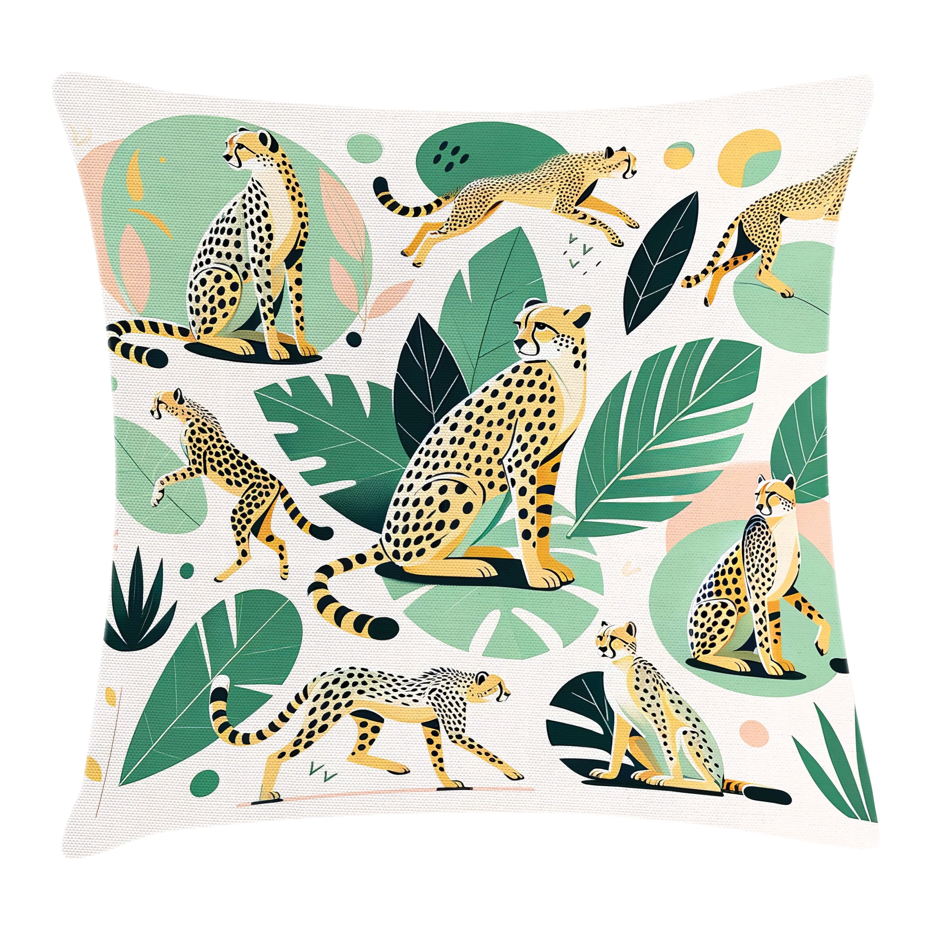 Jade Green Mustard and White Cheetah Print Square Pillow Cover