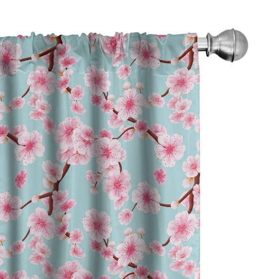 Ambesonne Cherry Blossom Curtains, Inspirational Garden, Pair of 28"x84", Pale Blue Redwood Pink