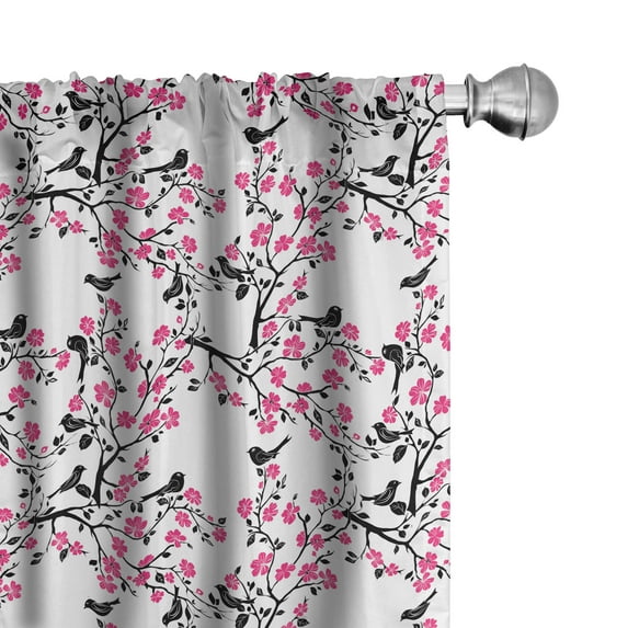 Ambesonne Cherry Blossom Curtains, Sakura Tree Bird, Pair of 28"x63", Black Hot Pink White