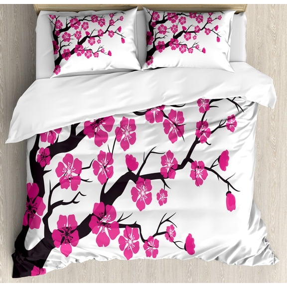Ambesonne Cherry Blossom Duvet Cover Sets, Floral Sakura Tree, 2-King, Charcoal Grey Pink