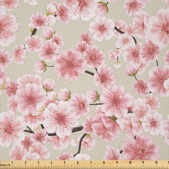 Ambesonne Cherry Blossom Fabric by the Yard Microfiber, Blooming Sakura Art, 3 Yards, Dried Rose and Eggshell
