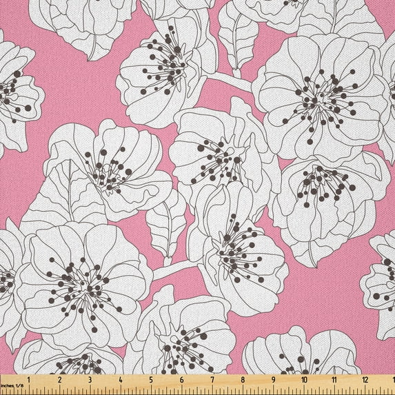 Ambesonne Cherry Blossom Fabric by the Yard Microfiber, Distinct Anthers, 10 Yards, Dark Taupe Pale Pink