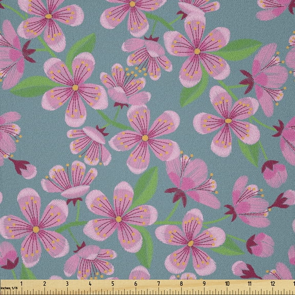 Ambesonne Cherry Blossom Fabric by the Yard Microfiber, Renewal and Hope, 1 Yard, Blue Grey Green and Pink