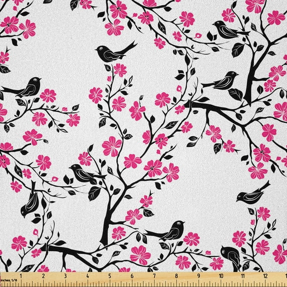 Ambesonne Cherry Blossom Fabric by the Yard Microfiber, Sakura Tree Bird, 5 Yards, Black Hot Pink White