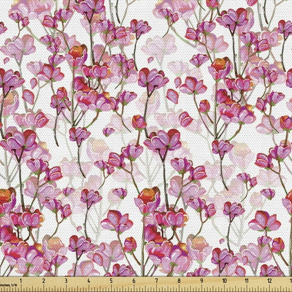 Ambesonne Cherry Blossom Fabric by the Yard Upholstery, Bubbly Petals, 10 Yards, Pink Green and Orange