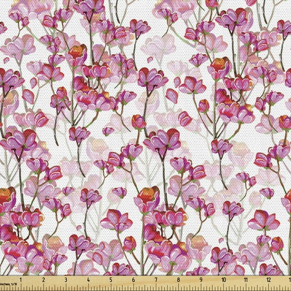 Ambesonne Cherry Blossom Fabric by the Yard Upholstery, Bubbly Petals, 10 Yards, Pink Green and Orange