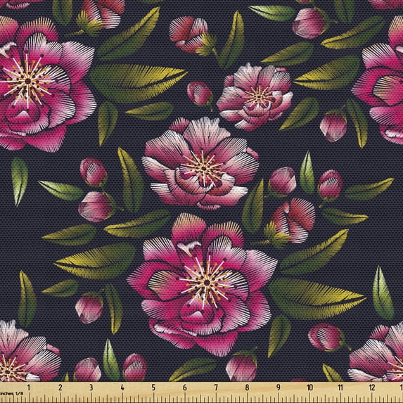 Ambesonne Cherry Blossom Fabric by the Yard Upholstery, Flowers Leaves Art, 1 Yard, Magenta Green Brown