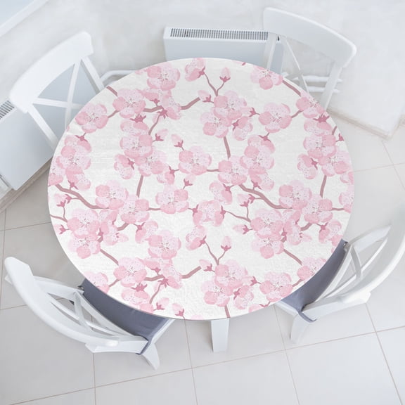 Ambesonne Cherry Blossom Fitted Round Tablecloth, Art Floral Japanese, 36"- 40" Diameter, Dried Rose Soft Pink
