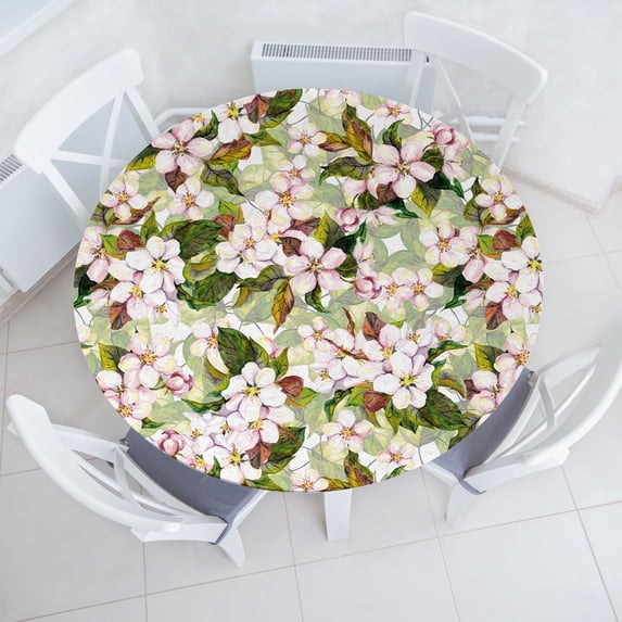 Ambesonne Cherry Blossom Fitted Round Tablecloth, Asian Flowers Spring, 56"- 60" Diameter, Pale Pink Jade Green