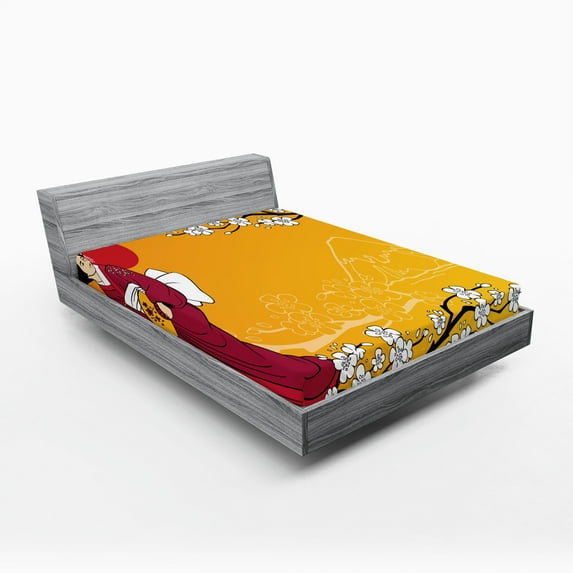 Ambesonne Cherry Blossom Fitted Sheet 2 Pcs Set, Geisha Lady, King, Earth Yellow Maroon