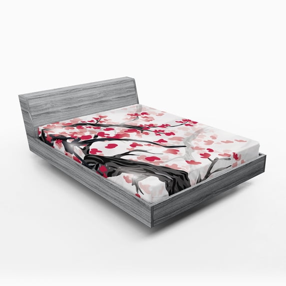 Ambesonne Cherry Blossom Fitted Sheet 2 Pcs Set, Twisted Trunk, California King, Charcoal Grey Dark Coral