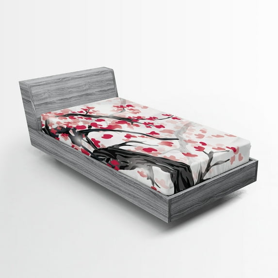 Ambesonne Cherry Blossom Fitted Sheet 2 Pcs Set, Twisted Trunk, Twin, Charcoal Grey Dark Coral