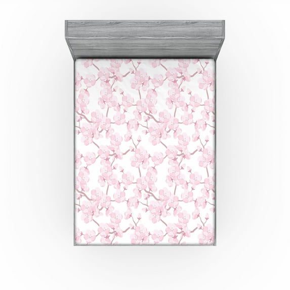 Ambesonne Cherry Blossom Fitted Sheet, Art Floral Japanese, King Size, Dried Rose Soft Pink