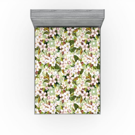Ambesonne Cherry Blossom Fitted Sheet, Asian Flowers Spring, California King, Pale Pink Jade Green