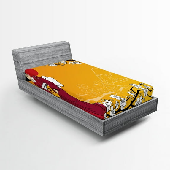 Ambesonne Cherry Blossom Fitted Sheet, Geisha Lady, Twin XL Size, Earth Yellow Maroon