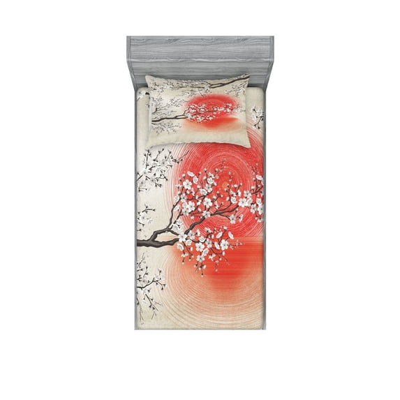 Ambesonne Cherry Blossom Fitted Sheet & Pillow Sham Set, Japanese Sakura Art, Twinxl, Grey Yellow DArk Coral