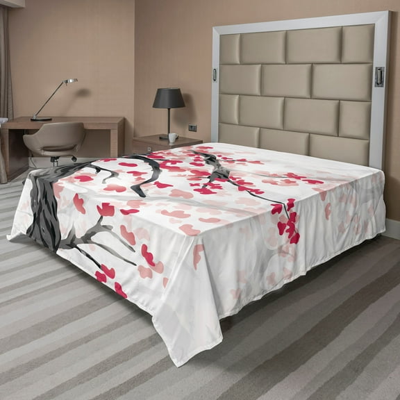 Ambesonne Cherry Blossom Flat Sheet, Twisted Trunk, Full Size, Charcoal Grey Dark Coral
