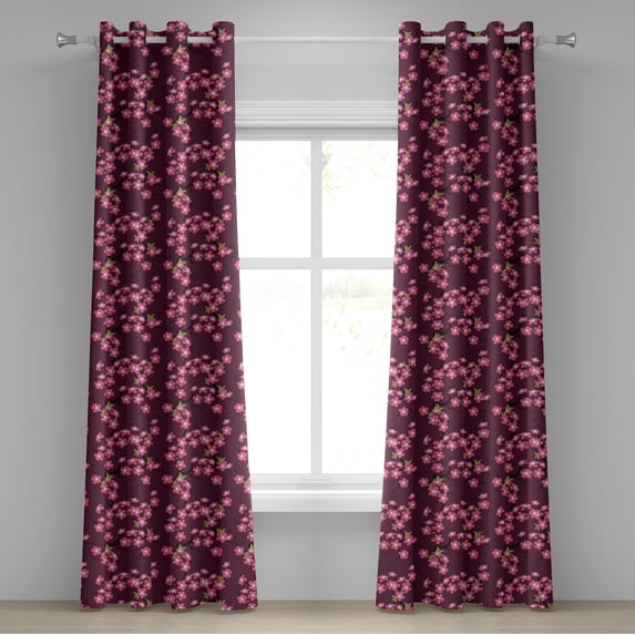 Ambesonne Cherry Blossom Grommet Curtain, April in Asia, 50" x 96", Plum Pink Green