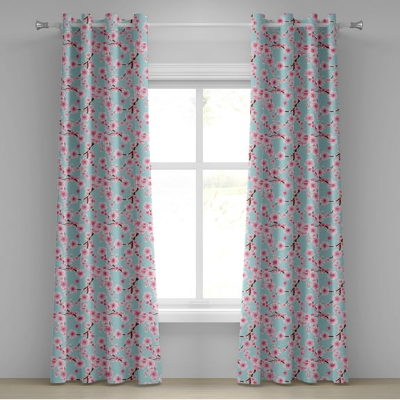Ambesonne Cherry Blossom Grommet Curtain, Inspirational Garden, 50" x 84", Pale Blue Redwood Pink