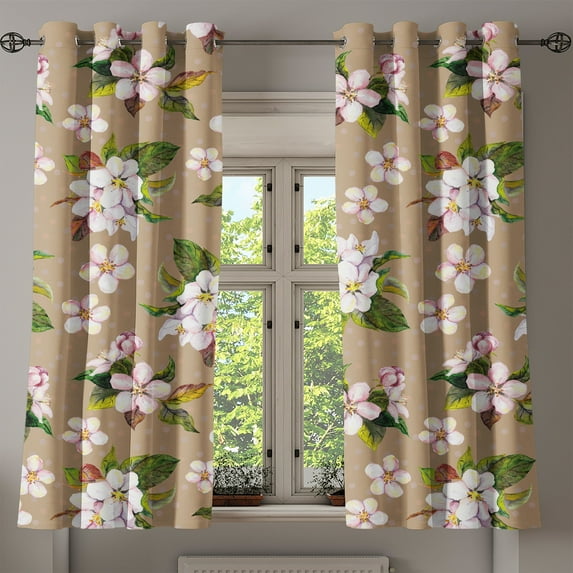 Ambesonne Cherry Blossom Grommet Curtain, Japanese Flowers Art, 50"x60", Forest Green Camel Rose