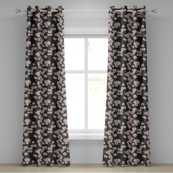 Ambesonne Cherry Blossom Grommet Curtain, Natural Rustic, 50" x 84", Dark Brown Blush White