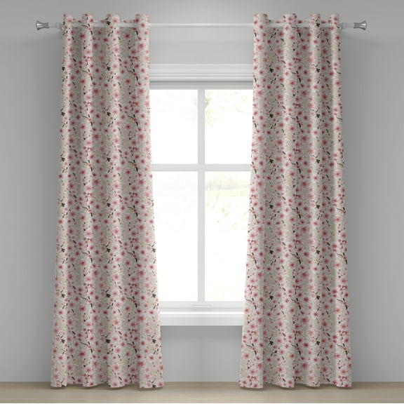 Ambesonne Cherry Blossom Grommet Curtain, Random Flourish, 50" x 108", Coral Pale Green Brown