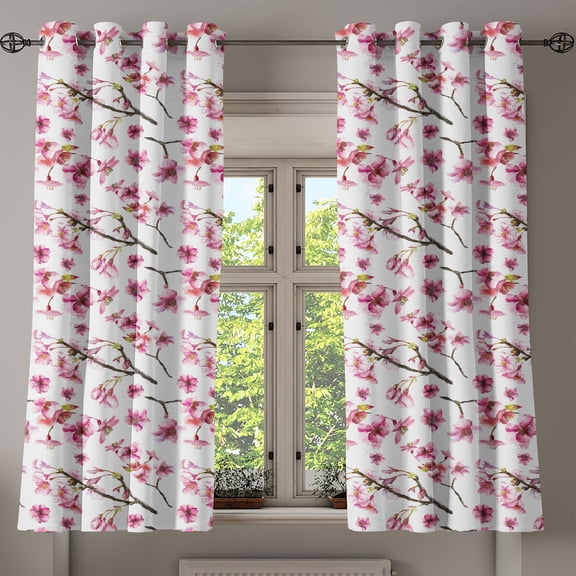 Ambesonne Cherry Blossom Grommet Curtain, Sakura Branch, 50" x 54", Hot Pink Green Brown