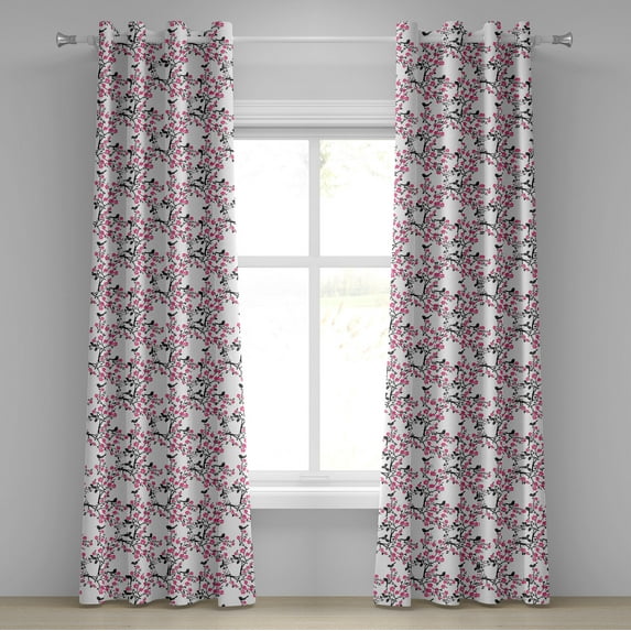 Ambesonne Cherry Blossom Grommet Curtain, Sakura Tree Bird, 50" x 72", Black Hot Pink White
