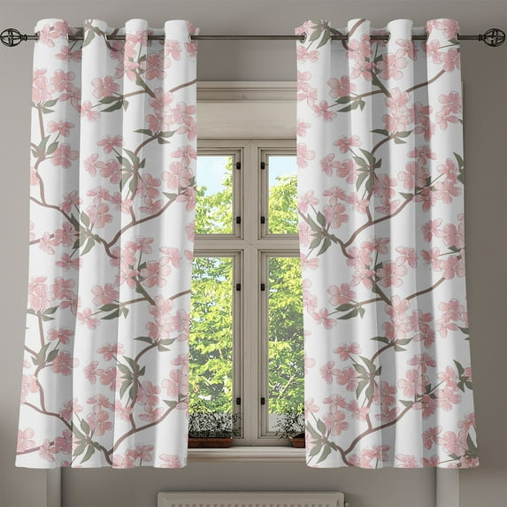 Ambesonne Cherry Blossom Grommet Curtain, Soft Flowers Spring, 50"x60", Blush Evergreen and Taupe