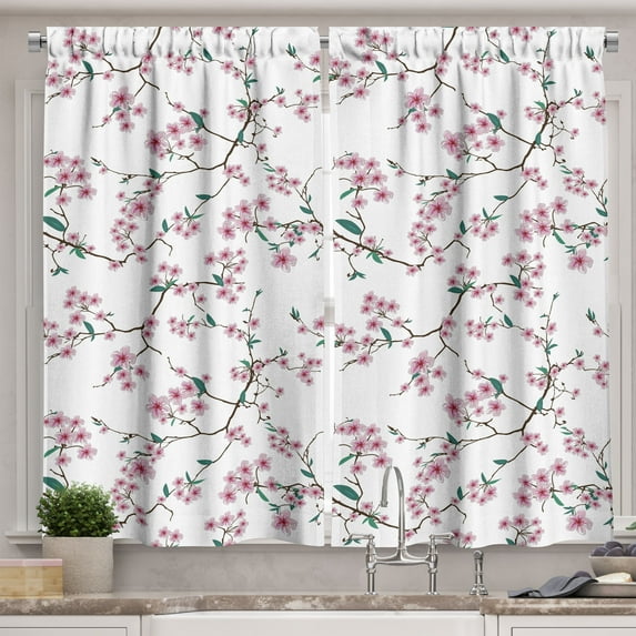 Ambesonne Cherry Blossom Kitchen Curtains, Floral Botany, 55"x45", White Pink and Green