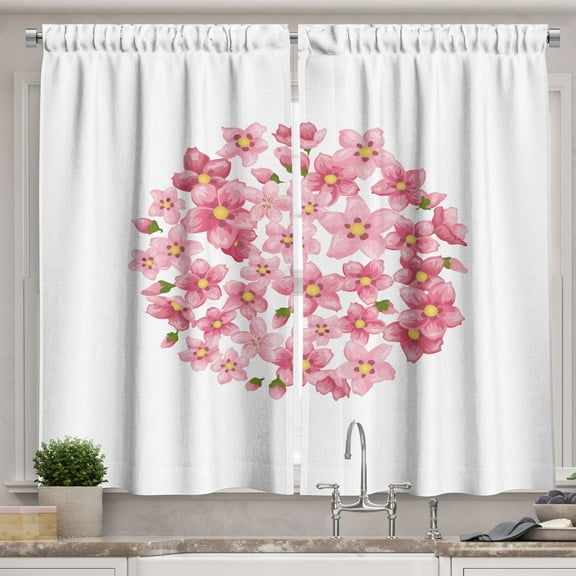 Ambesonne Cherry Blossom Kitchen Curtains, Flowers Circle Form, 55"x45", Pale Rose and Olive Green