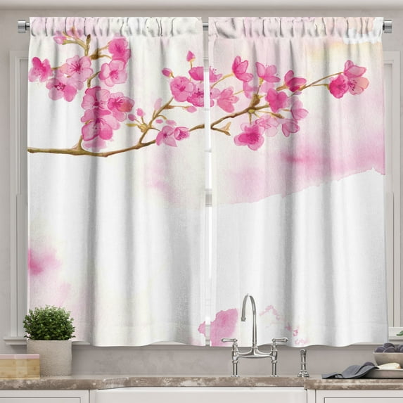 Ambesonne Cherry Blossom Kitchen Curtains, Peaceful Gardens, 55"x39", Pale Coffee Pale Pink