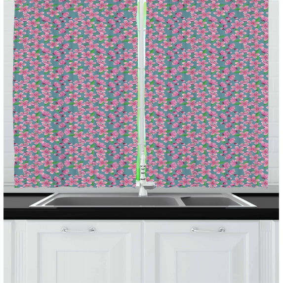 Ambesonne Cherry Blossom Kitchen Curtains, Renewal and Hope, 55"x39", Blue Grey Green and Pink
