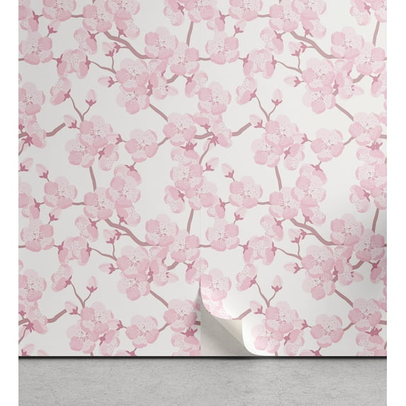 Ambesonne Cherry Blossom Peel & Stick Wallpaper for Home, Art Floral Japanese, 13"x100", Dried Rose Soft Pink