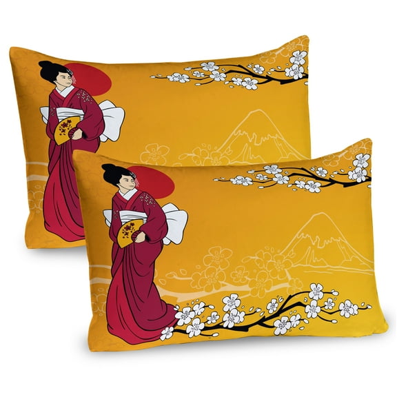 Ambesonne Cherry Blossom Pillow Sham 2 Pack, Geisha Lady, 26"x20", Earth Yellow Maroon