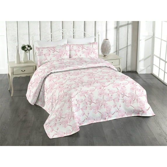 Ambesonne Cherry Blossom Quilted Bedspread Set 3 Pcs, Art Floral Japanese, King, Dried Rose Soft Pink