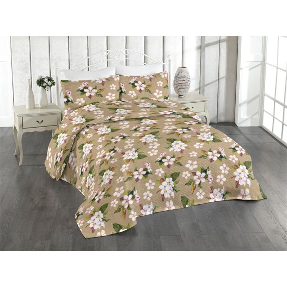 Ambesonne Cherry Blossom Quilted Bedspread Set 3 Pcs, Japanese Flowers Art, Twin, Forest Green Camel Rose